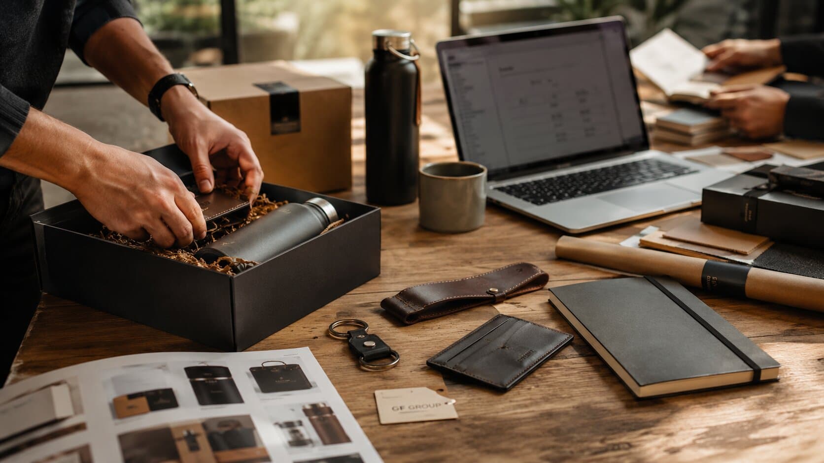 Manos armando un kit de onboarding corporativo sobre mesa de taller: libreta, termo, tarjetero de cuero y caja de bienvenida siendo preparados para un nuevo colaborador