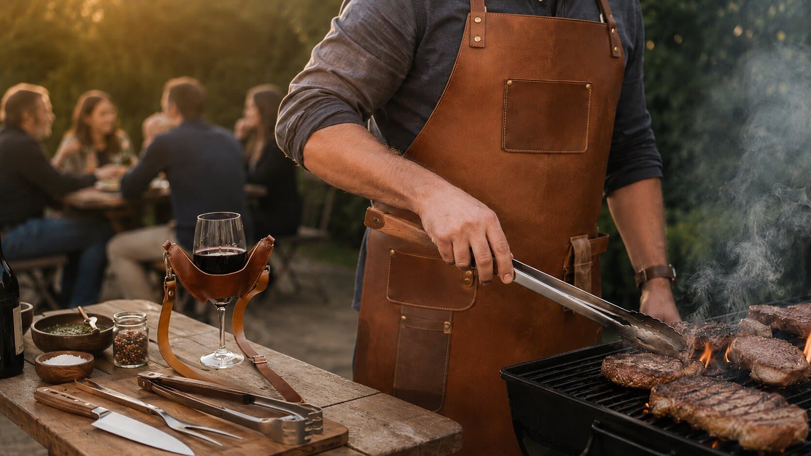 Parrillero chileno con pechera de cuero corporativa cognac y cuño seco preparando asado al atardecer en Fiestas Patrias, copa de vino tinto en primer plano y mesa con invitados al fondo