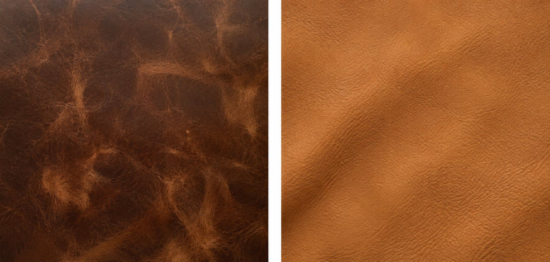 Comparativa de cuero natural GF Group: bovino oscuro envejecido vs napa plena flor caramel — dos registros del mismo material trabajado distinto
