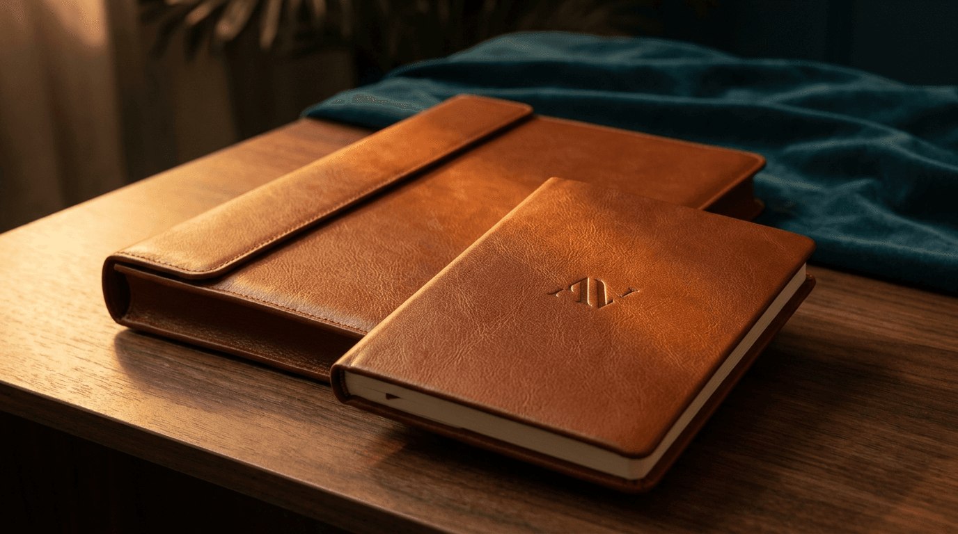 Cuadernos de cuero corporativo con monograma en cuño seco sobre escritorio de madera