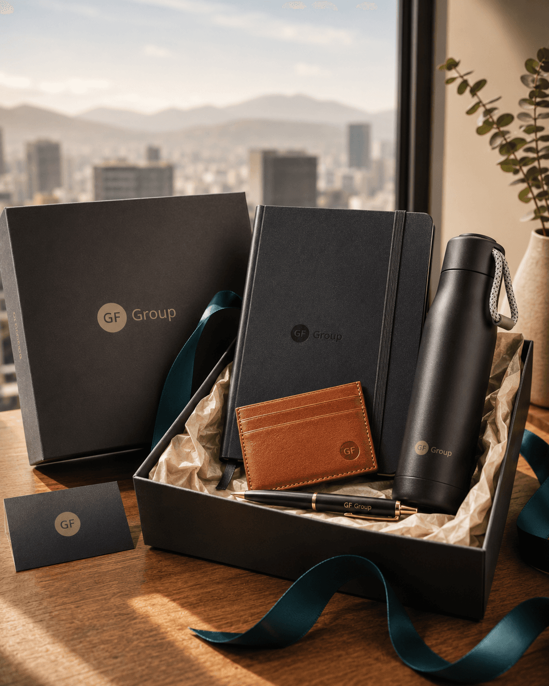 Kit ejecutivo de regalo corporativo GF Group con vista a la cordillera de Santiago: libreta, termo, tarjetero, pluma y caja personalizada