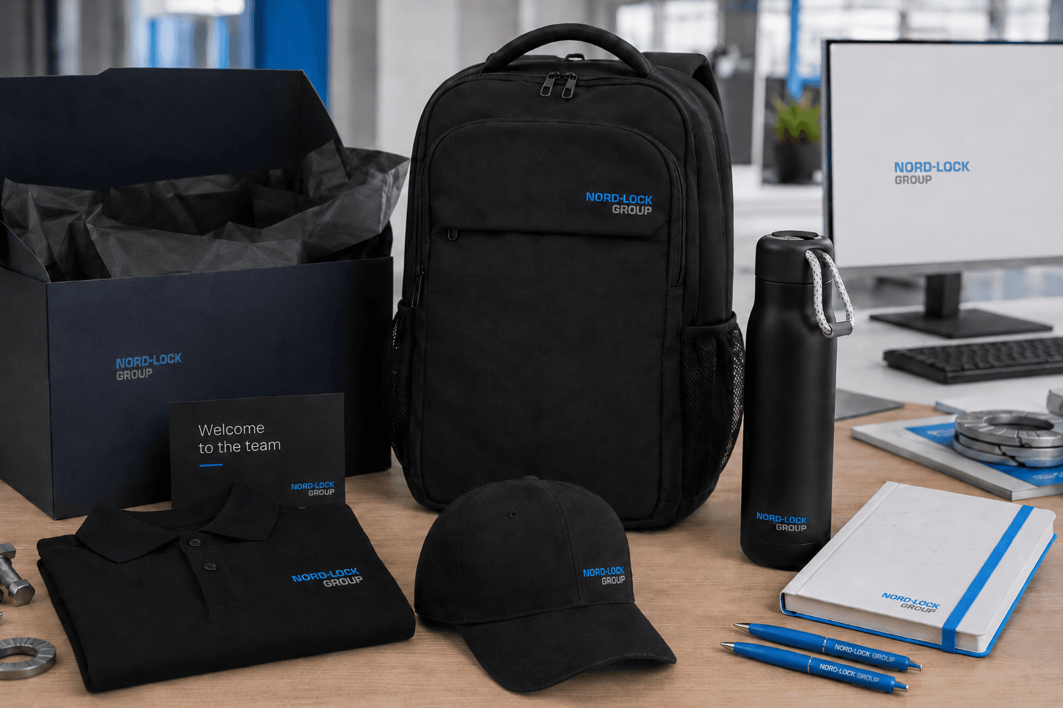 Kit de onboarding corporativo para nuevos colaboradores: mochila, polo, gorra, libreta, termo y lapiceras con marca aplicada del cliente