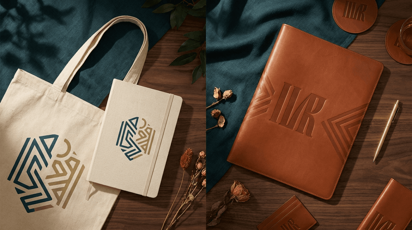 Bolso de algodón con serigrafía a color junto a portafolio de cuero con cuño seco