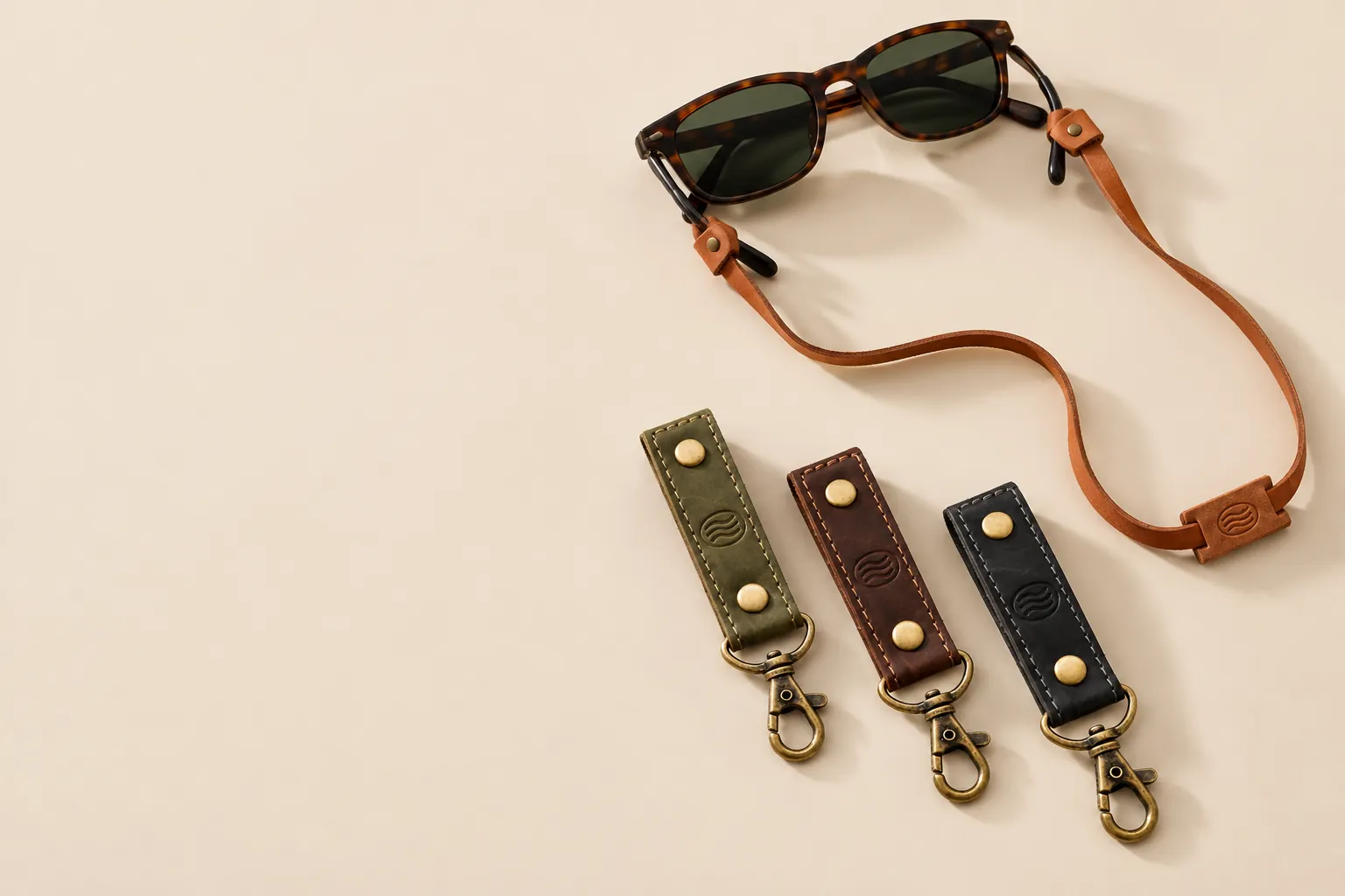 Strap porta anteojos y tres llaveros de cuero en verde oliva, café moro y negro, marcados con un emblema en cuño seco