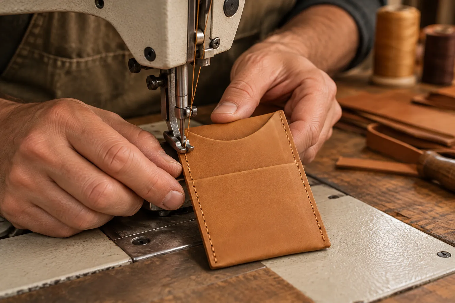 Máquina de coser industrial cosiendo el borde de un tarjetero de cuero habano, guiado a mano
