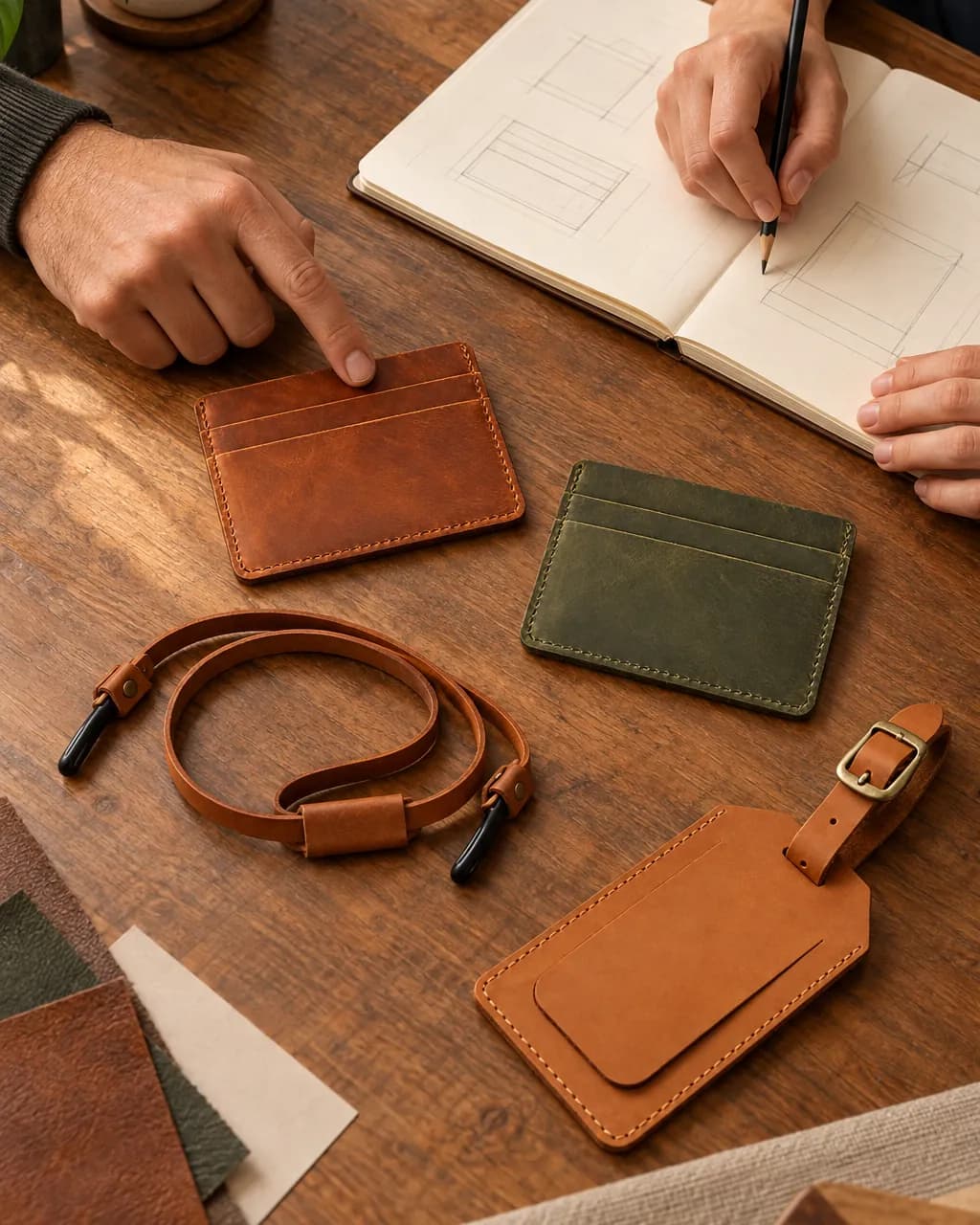 Dos personas eligen entre porta tarjetas, un strap y un hang tag de cuero sobre una mesa de reunión