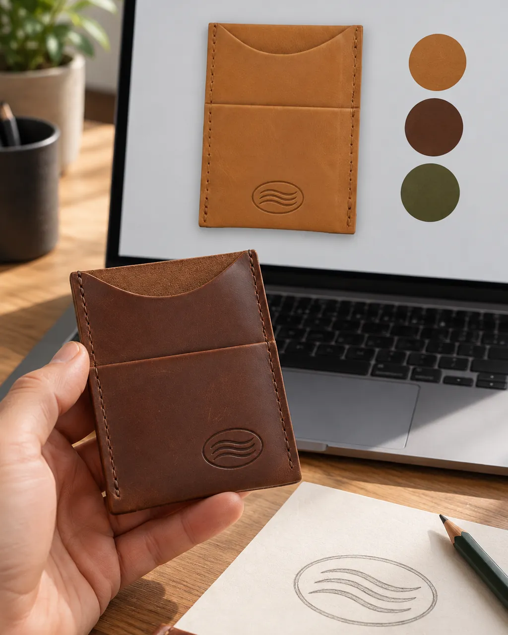 Una mano compara un tarjetero de cuero café moro con su maqueta en la pantalla de un notebook