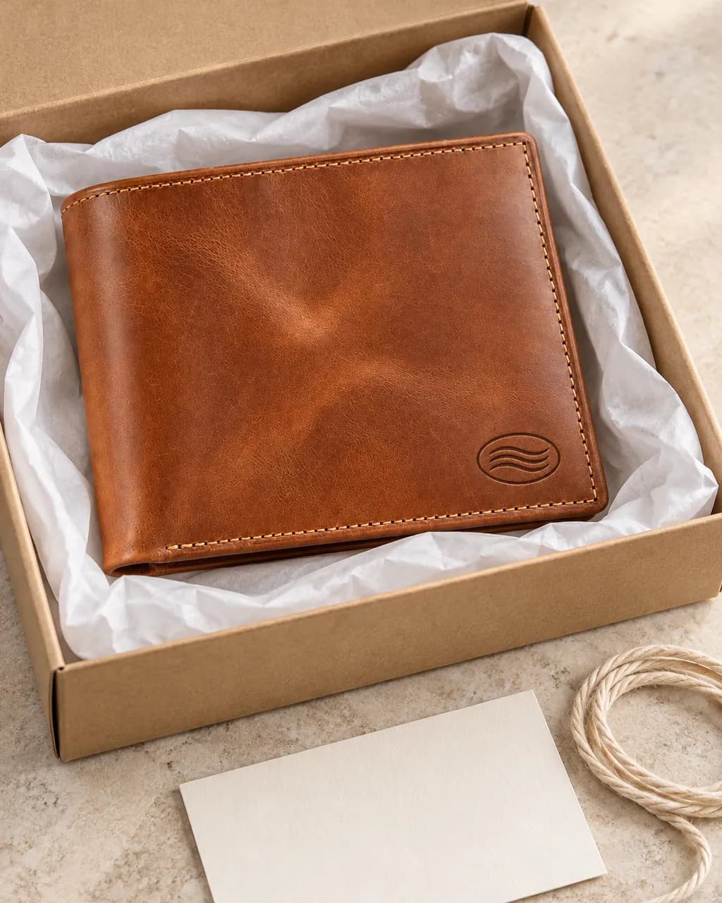 Billetera de cuero habano con un emblema en cuño seco, dentro de una caja de cartón con papel de seda