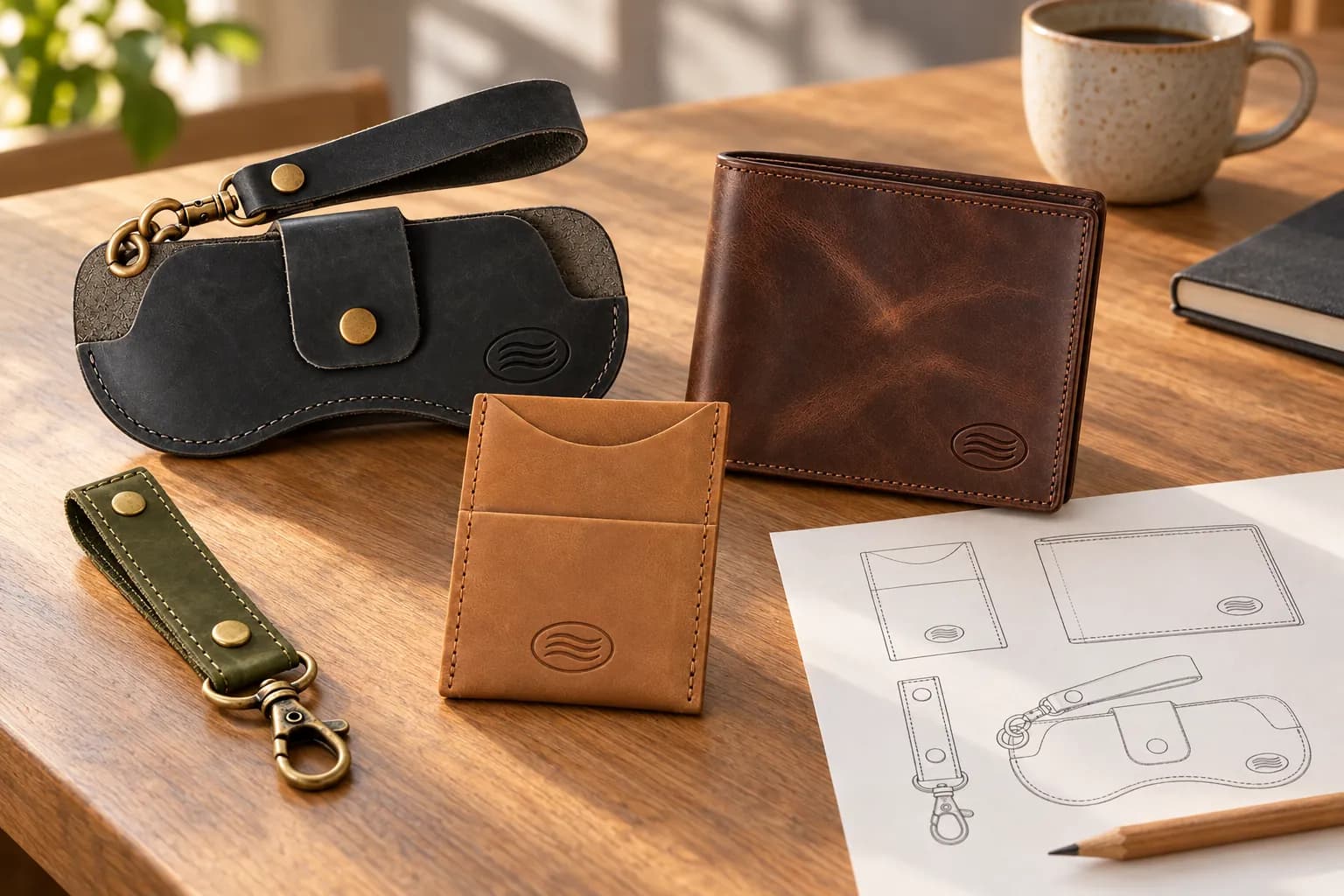 Tarjetero, billetera, llavero y estuche de cuero natural con el emblema de un cliente en cuño seco, junto a su maqueta impresa