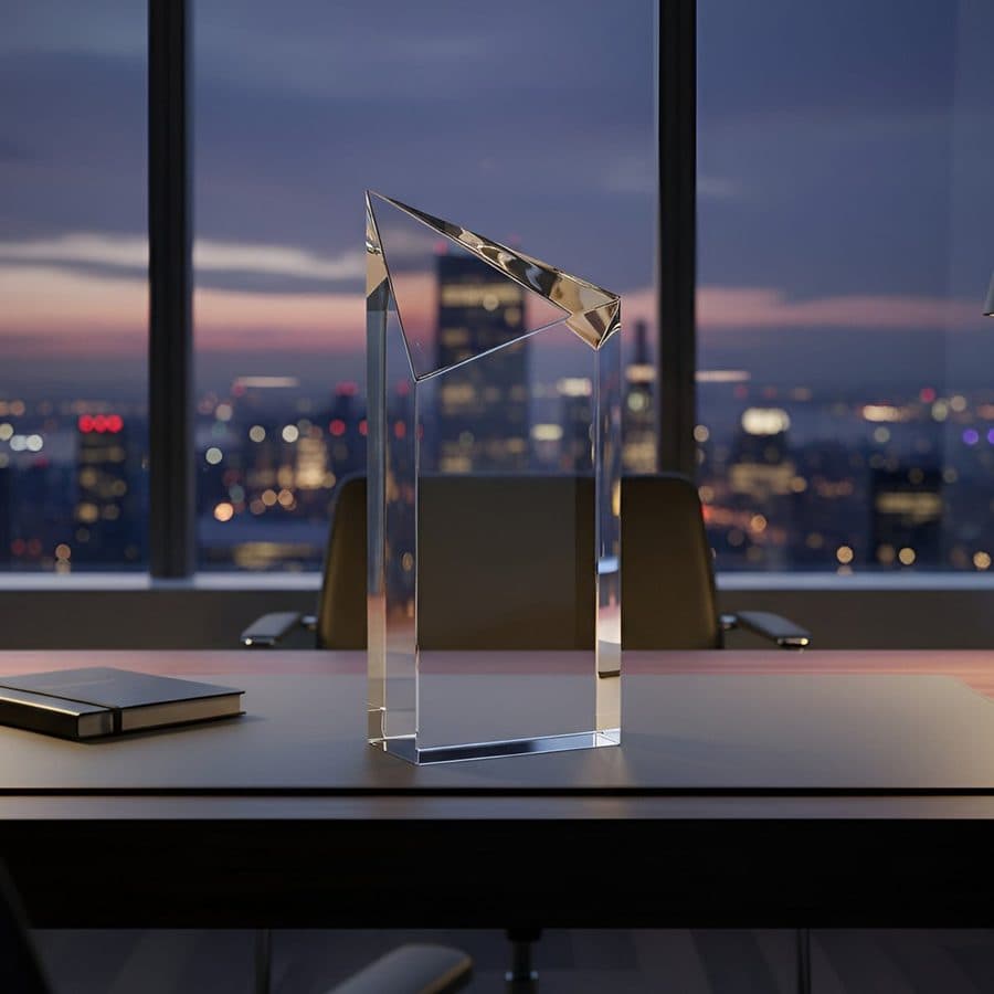 Trofeo corporativo de cristal sobre un escritorio, con la ciudad al atardecer detrás