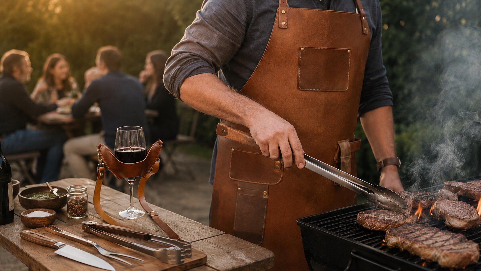 Parrillero chileno con pechera de cuero corporativa cognac y cuño seco preparando asado al atardecer en Fiestas Patrias, copa de vino tinto en primer plano y mesa con invitados al fondo