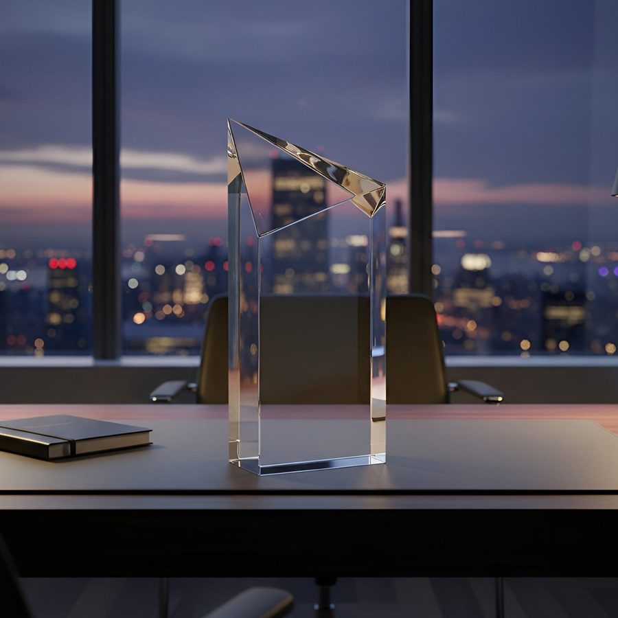Trofeo corporativo de cristal sobre un escritorio, con la ciudad al atardecer detrás